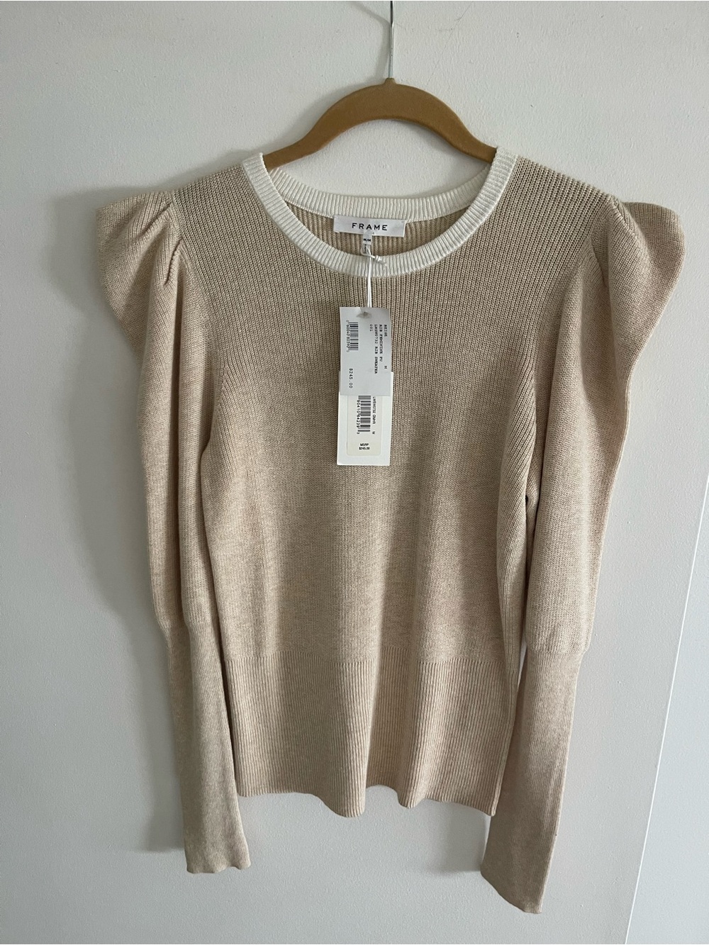 Frame Denim Beige Puff Sleeve Knit Top with White Trim